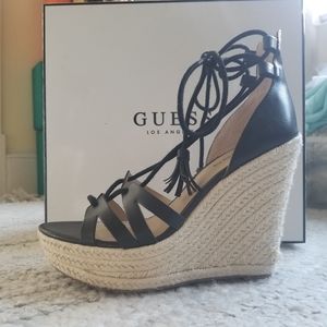Guess Strappy Black Espadrille Platform Wedge Sandal Size 7